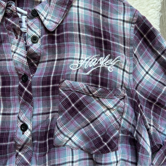 Harley Davidson Purple Plaid Button-Up Embroidered Flannel Shirt - Picture 3 of 5